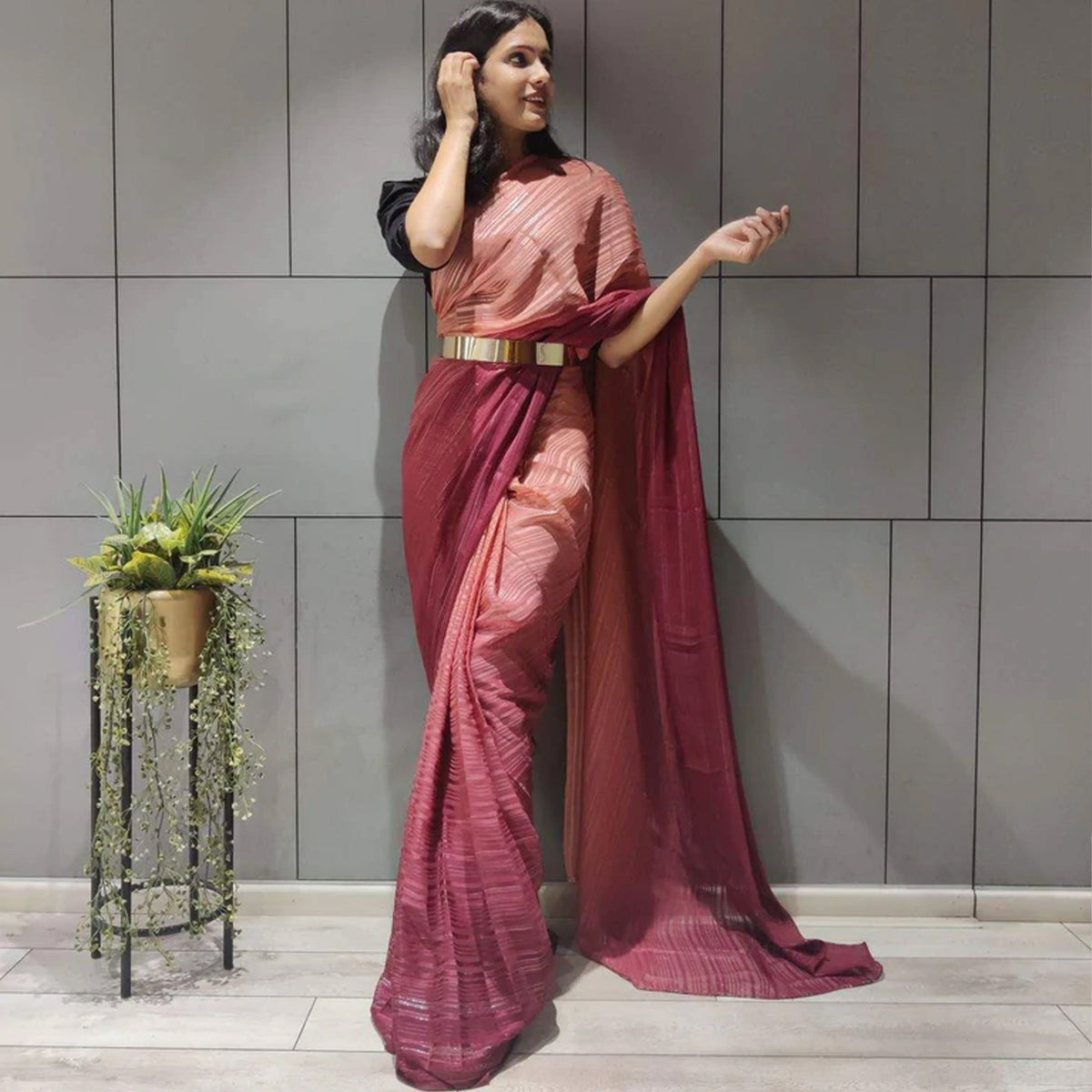 Shopesy Ready to Wear Chiffon Saree with Metal Belt