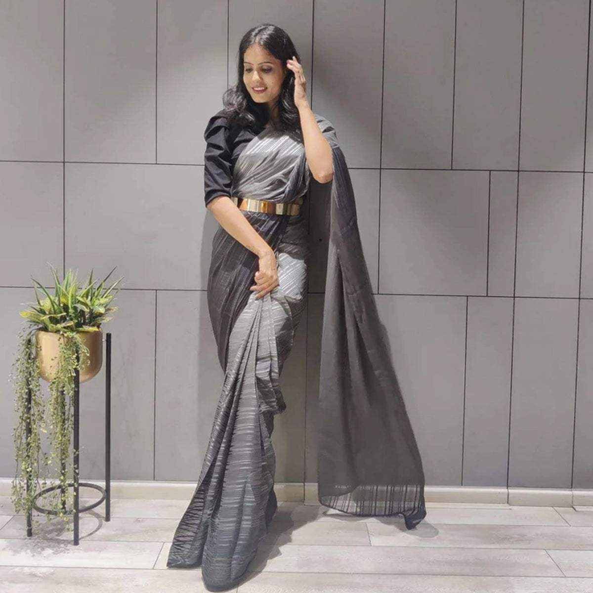 Shopesy Ready to Wear Chiffon Saree with Metal Belt