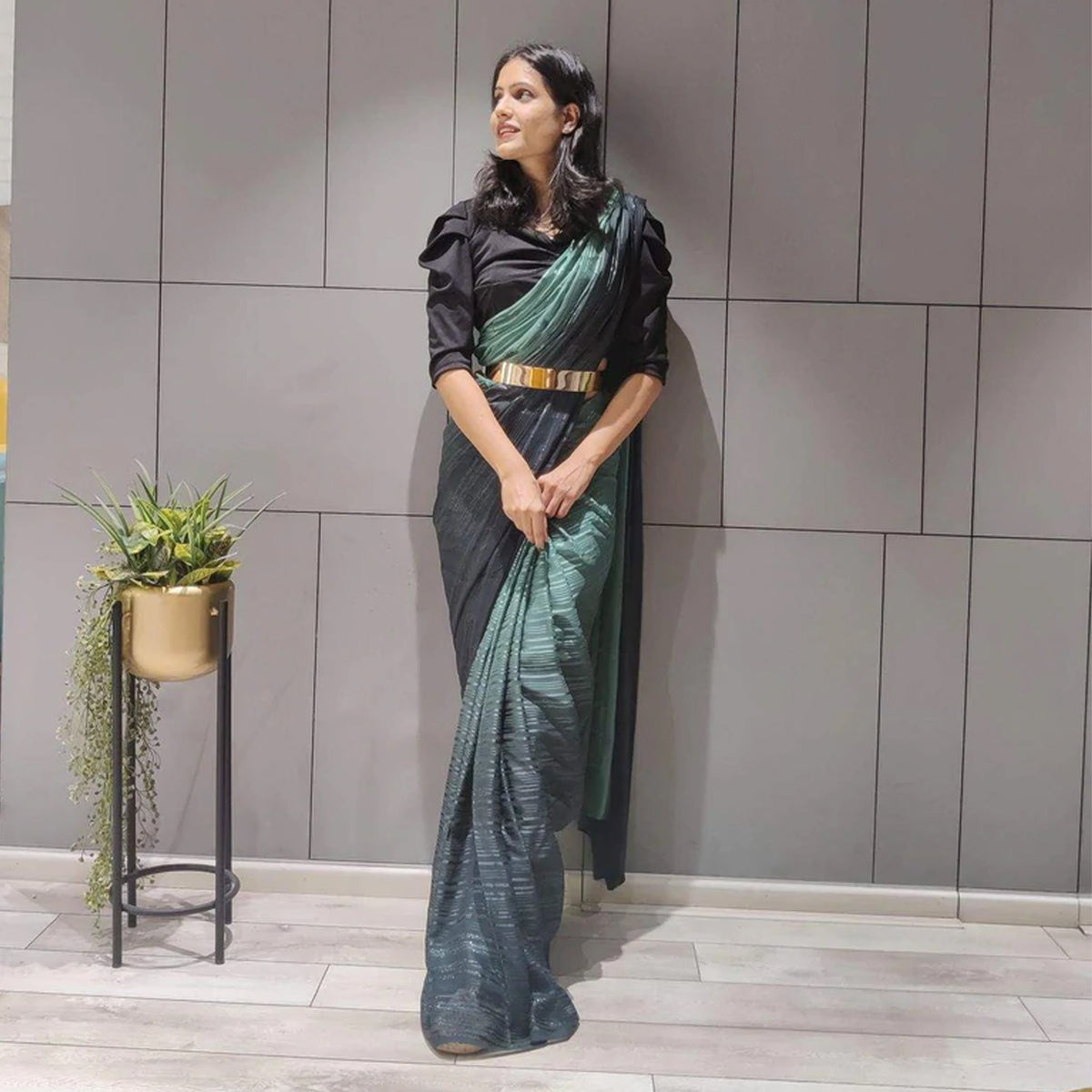 Shopesy Ready to Wear Chiffon Saree with Metal Belt