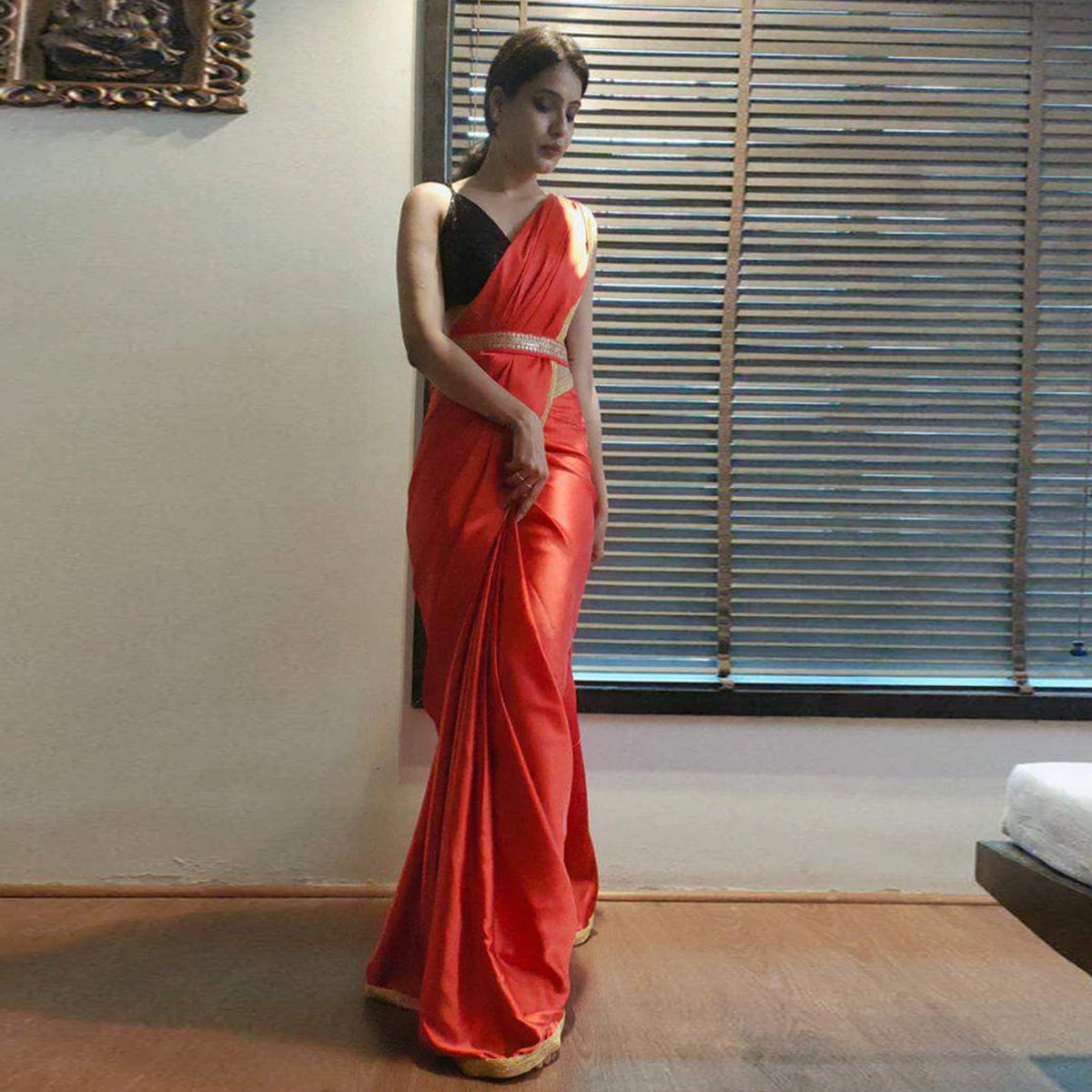 Shopesy Red Colored Ready to wear Satin Saree