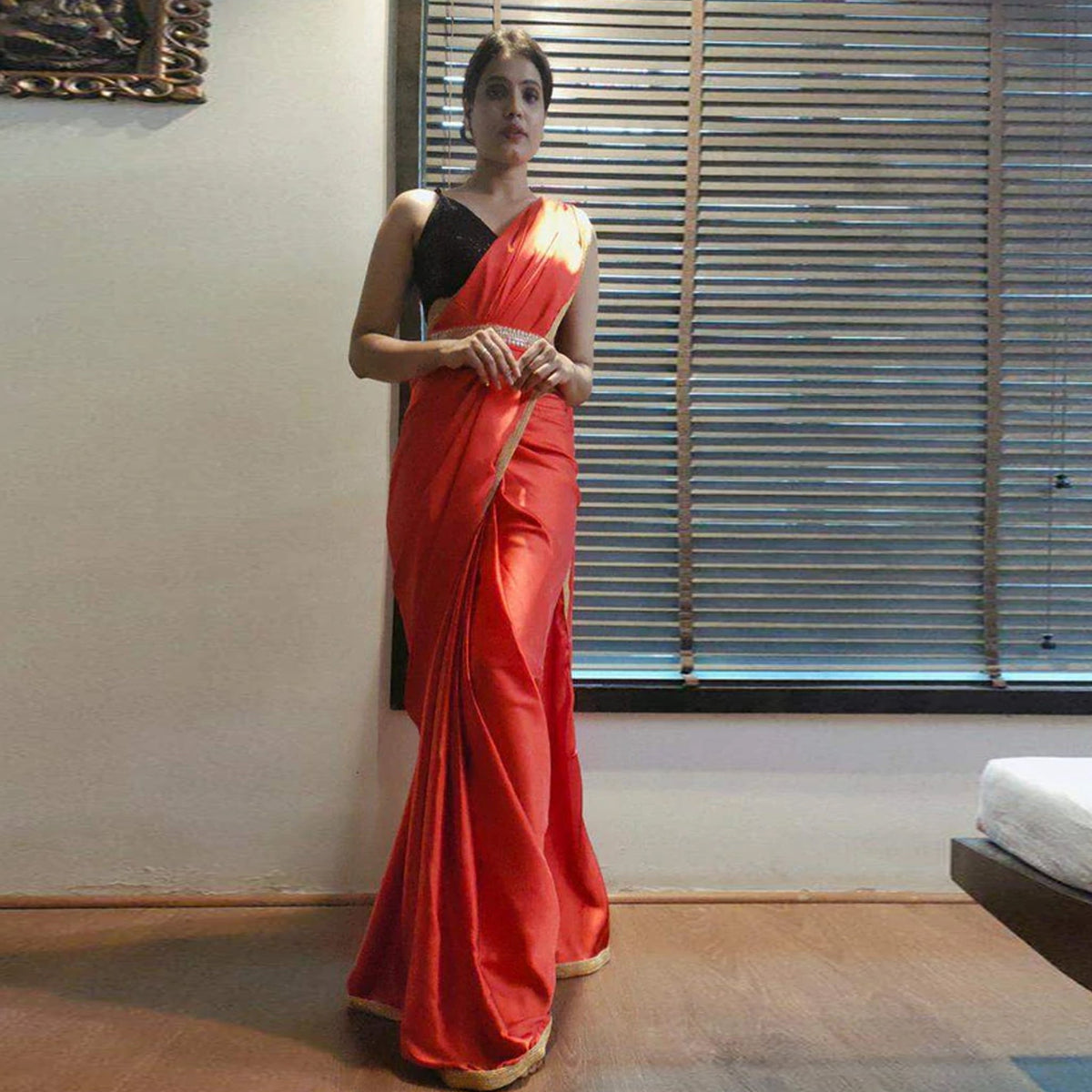 Shopesy Red Colored Ready to wear Satin Saree