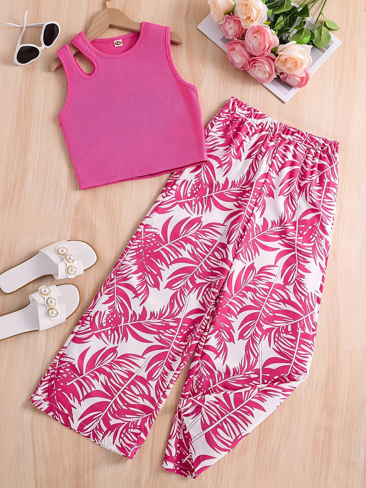 Shopesy Girls Pink Ribbed Sleeveless Crop Top & Tropical Leaf Print Pants Set