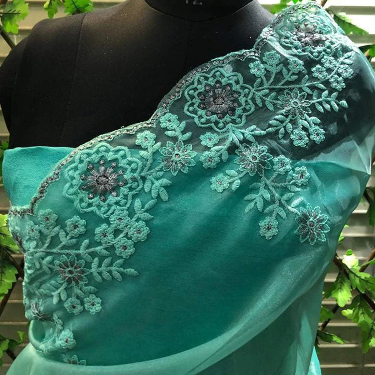Shopesy Sky Blue Organza Silk Saree with Beautiful Viscose Embroidery Work and Silk Blouse for Wedding