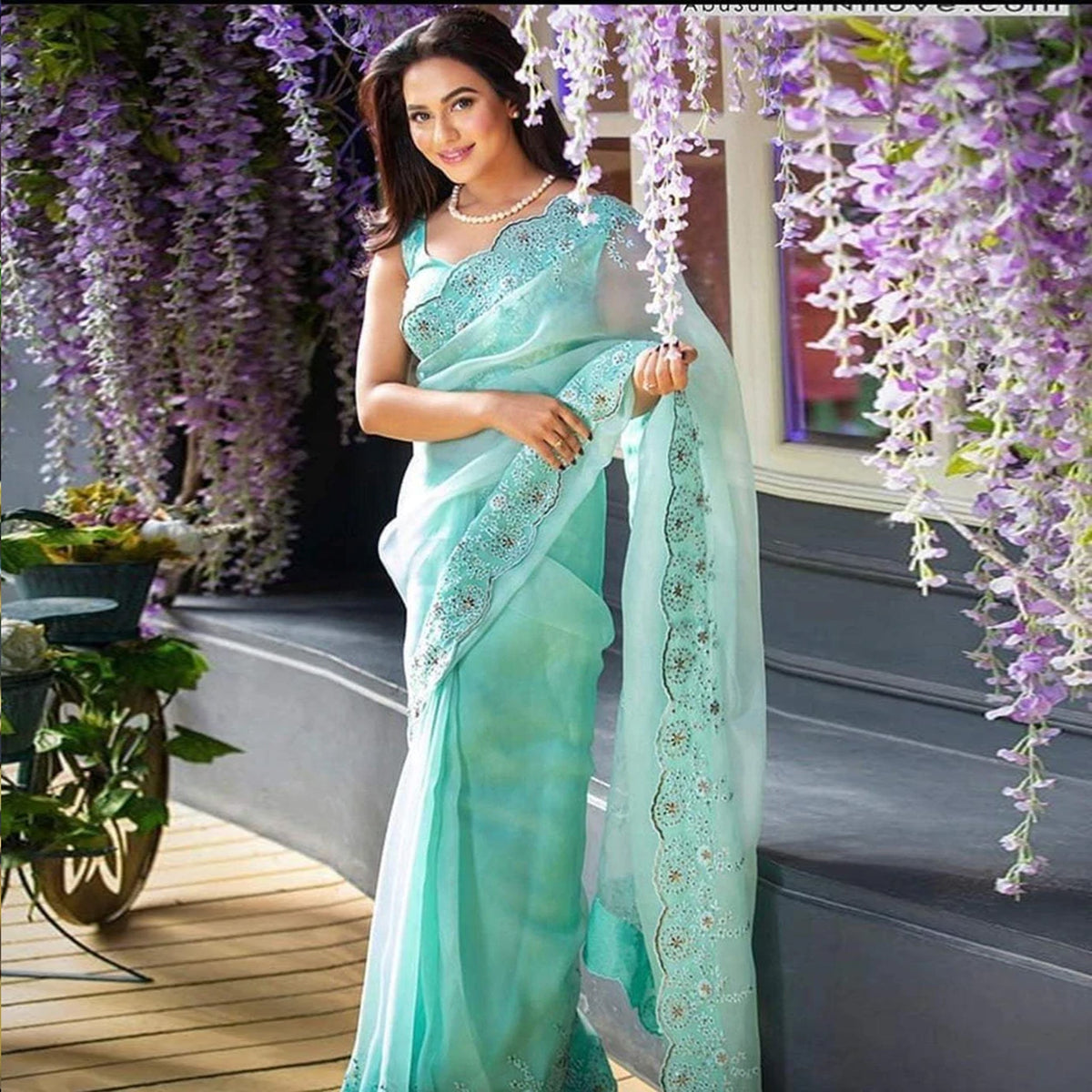 Shopesy Sky Blue Organza Silk Saree with Beautiful Viscose Embroidery Work and Silk Blouse for Wedding