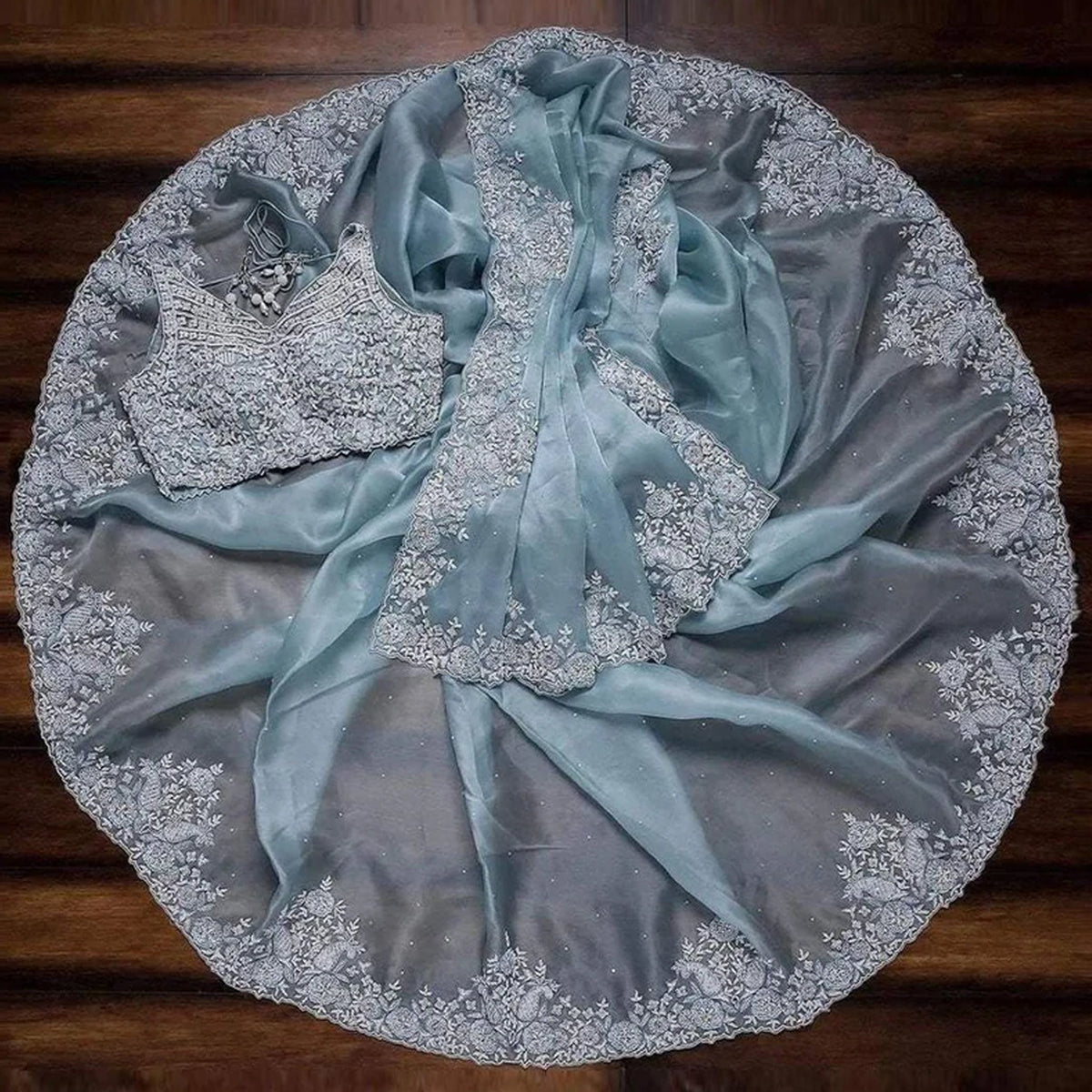 Shopesy Sky Blue Organza Silk Saree with Heavy Embroidery work