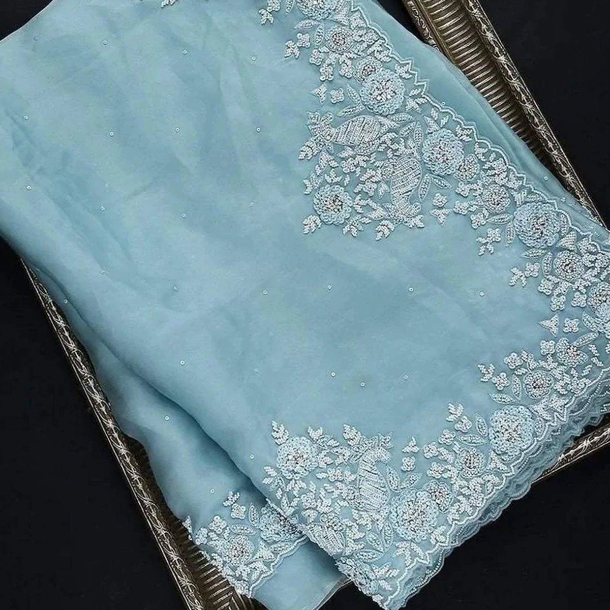 Shopesy Sky Blue Organza Silk Saree with Heavy Embroidery work