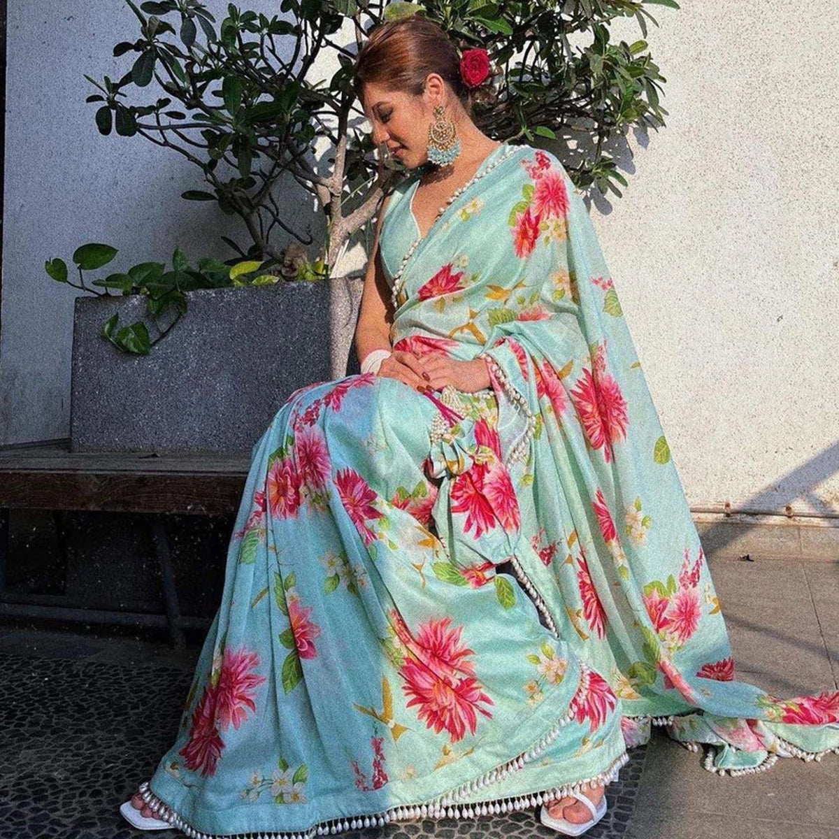 Shopesy Sky colored Flower Printed Satin Saree