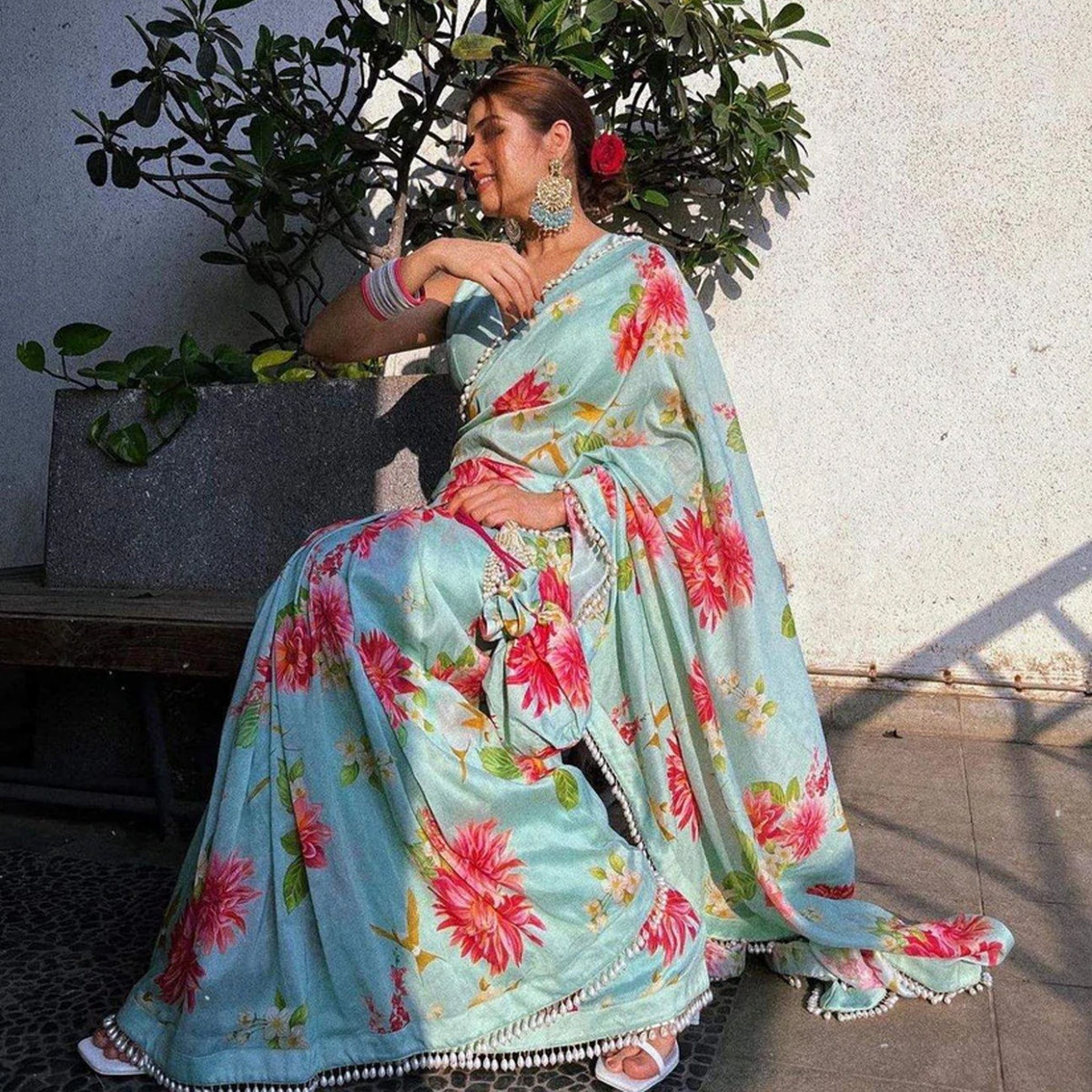 Shopesy Sky colored Flower Printed Satin Saree