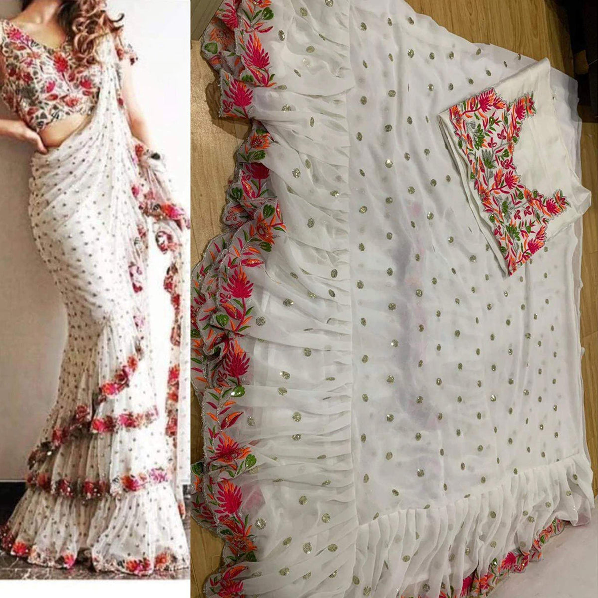 Shopesy White Ruffle Saree In Georgette with Silk Blouse for Wedding