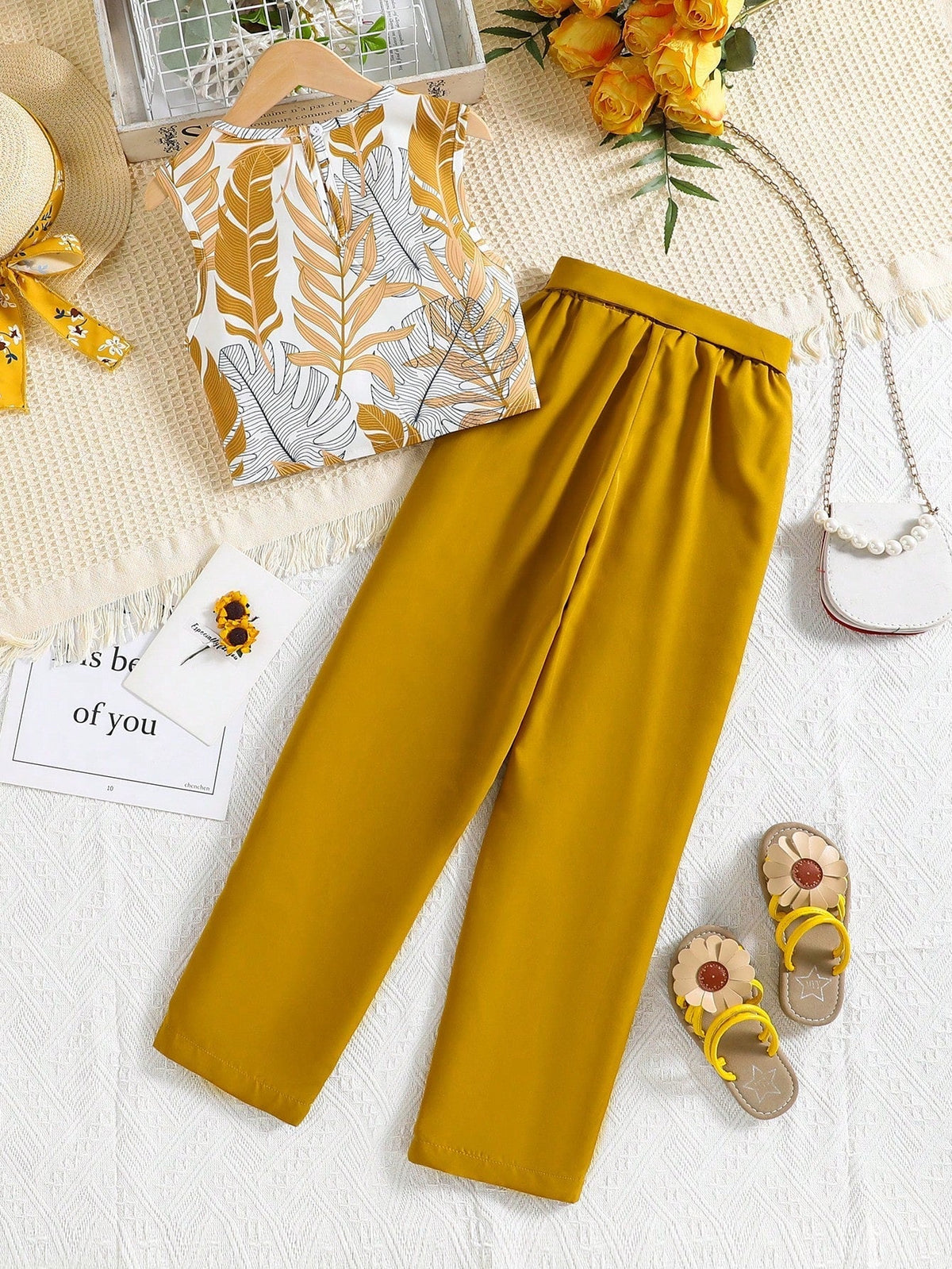 Shopesy Girls Mustard Top & Pants Set | Kids Stylish Co-Ord Outfit