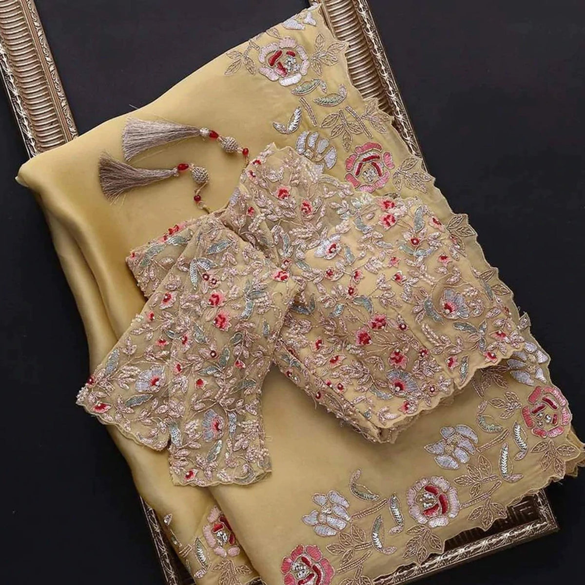 Shopesy Yellow Organza Saree with Sequence Zari and Thread Embroidery Work