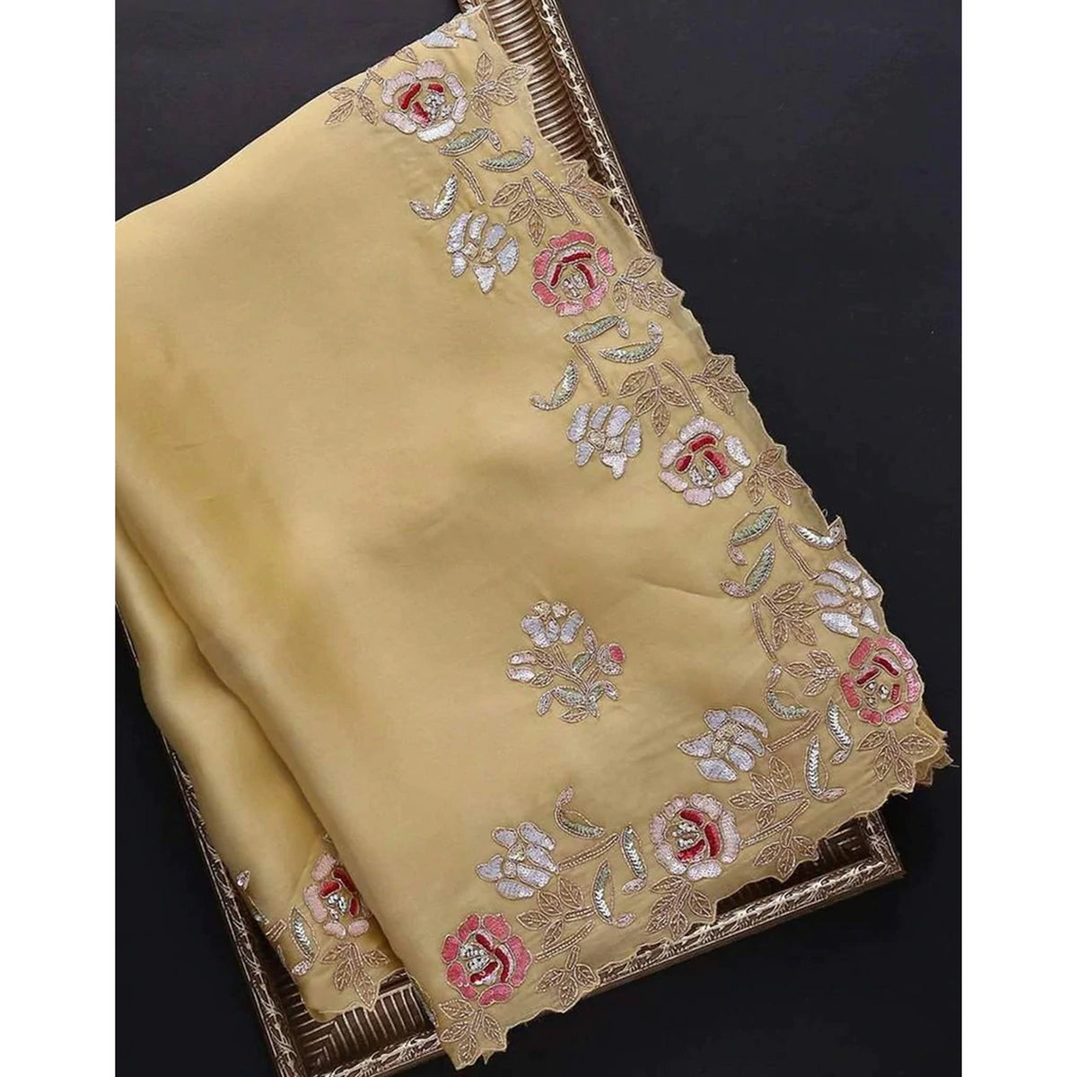 Shopesy Yellow Organza Saree with Sequence Zari and Thread Embroidery Work