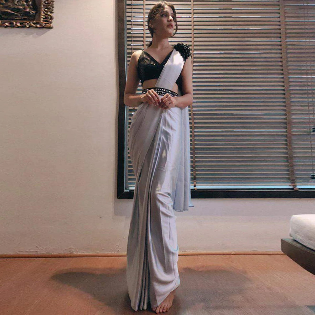 Shopesy Grey colored Readymade Satin Saree with Patch and Designer Belt