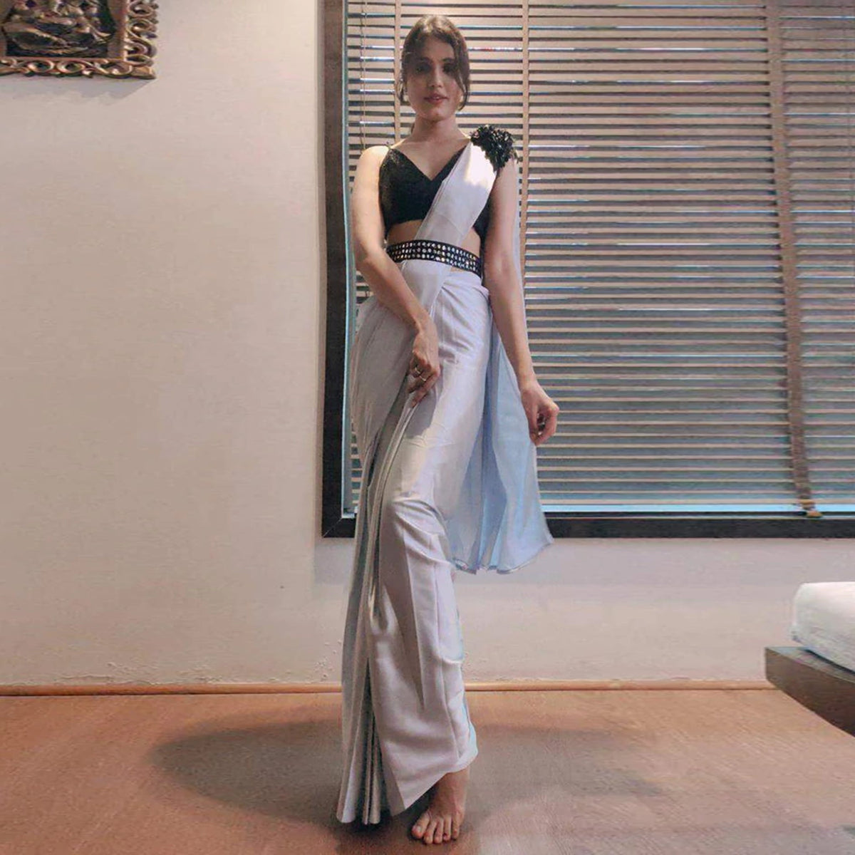 Shopesy Grey colored Readymade Satin Saree with Patch and Designer Belt