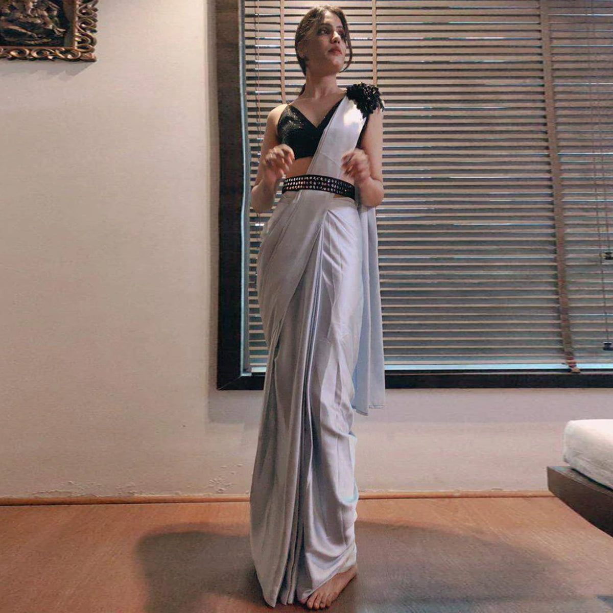 Shopesy Grey colored Readymade Satin Saree with Patch and Designer Belt