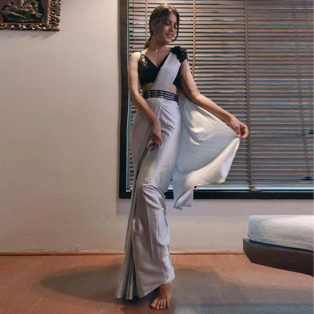 Shopesy Grey colored Readymade Satin Saree with Patch and Designer Belt