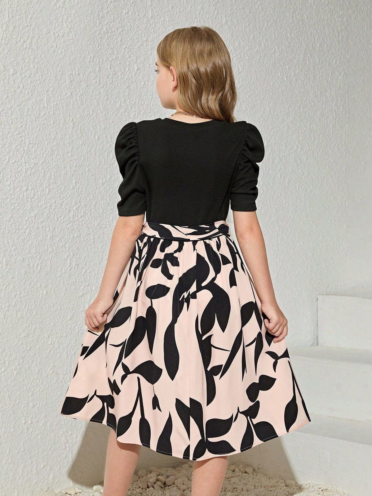 Shopesy Girls Elegant Black & Beige Floral Print Midi Dress with Puff Sleeves Party Dress