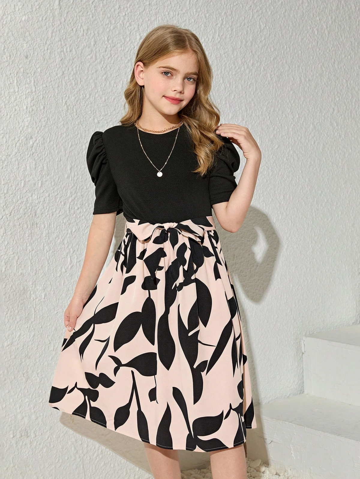 Shopesy Girls Elegant Black & Beige Floral Print Midi Dress with Puff Sleeves Party Dress