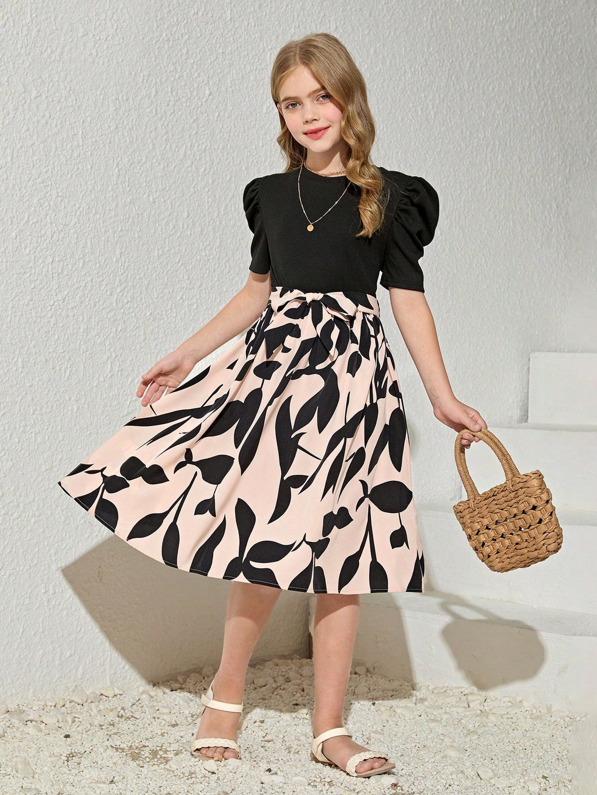 Shopesy Girls Elegant Black & Beige Floral Print Midi Dress with Puff Sleeves Party Dress