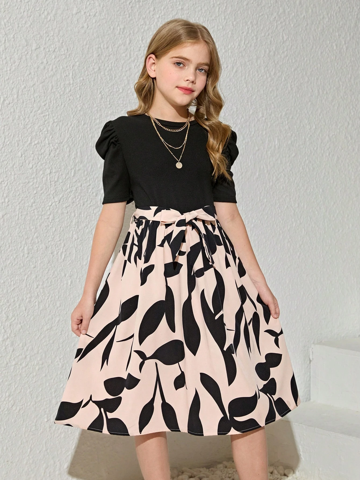Shopesy Girls Elegant Black & Beige Floral Print Midi Dress with Puff Sleeves Party Dress