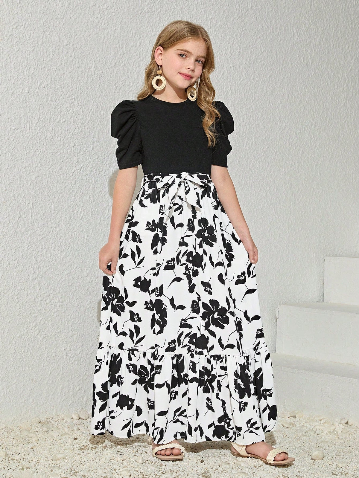 Shopesy Girls Black Puff Sleeve Top with White Floral Maxi Dress
