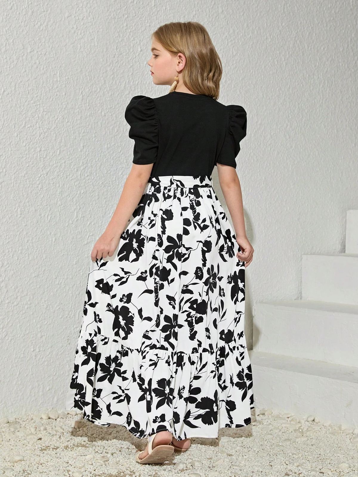 Shopesy Girls Black Puff Sleeve Top with White Floral Maxi Dress