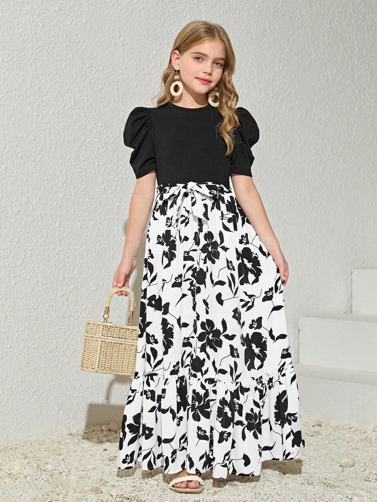 Shopesy Girls Black Puff Sleeve Top with White Floral Maxi Dress