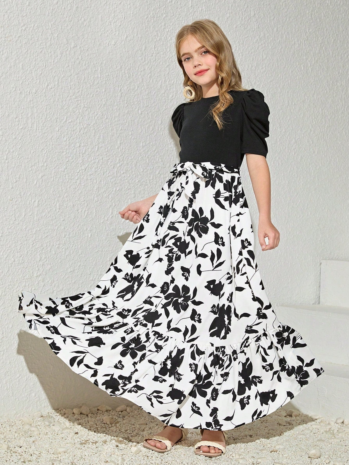 Shopesy Girls Black Puff Sleeve Top with White Floral Maxi Dress