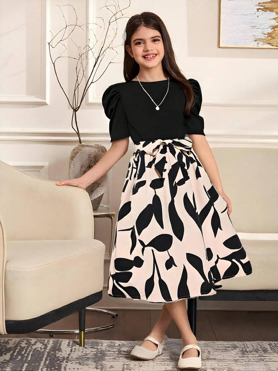 Shopesy Girls Elegant Black & Beige Floral Print Midi Dress with Puff Sleeves Party Dress