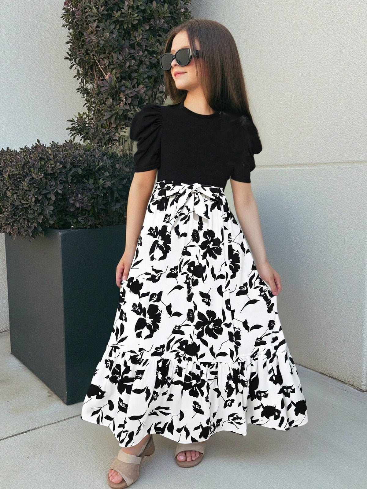 Shopesy Girls Black Puff Sleeve Top with White Floral Maxi Dress