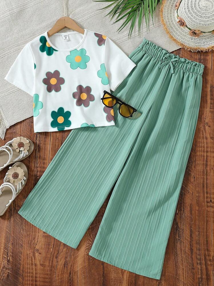 Shopesy Girls Floral Printed Crop Top with Mint Green Pleated Wide Leg Pants Co-Ord Set