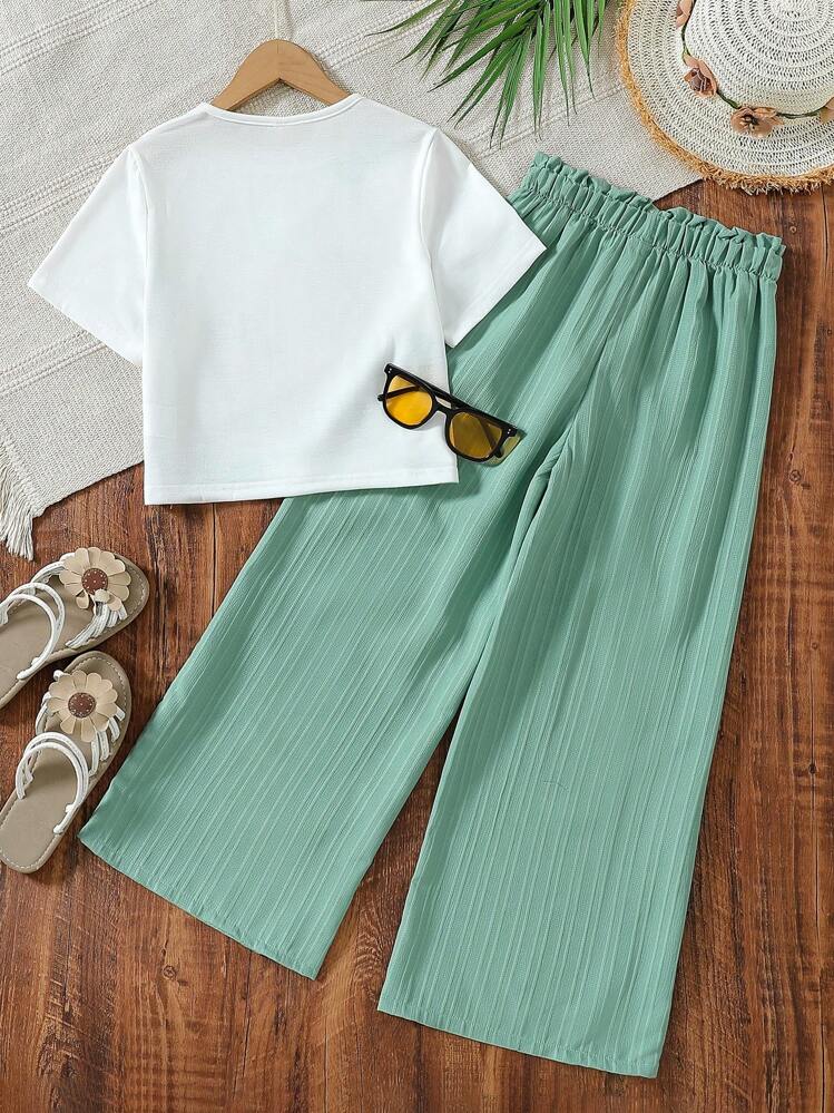 Shopesy Girls Floral Printed Crop Top with Mint Green Pleated Wide Leg Pants Co-Ord Set
