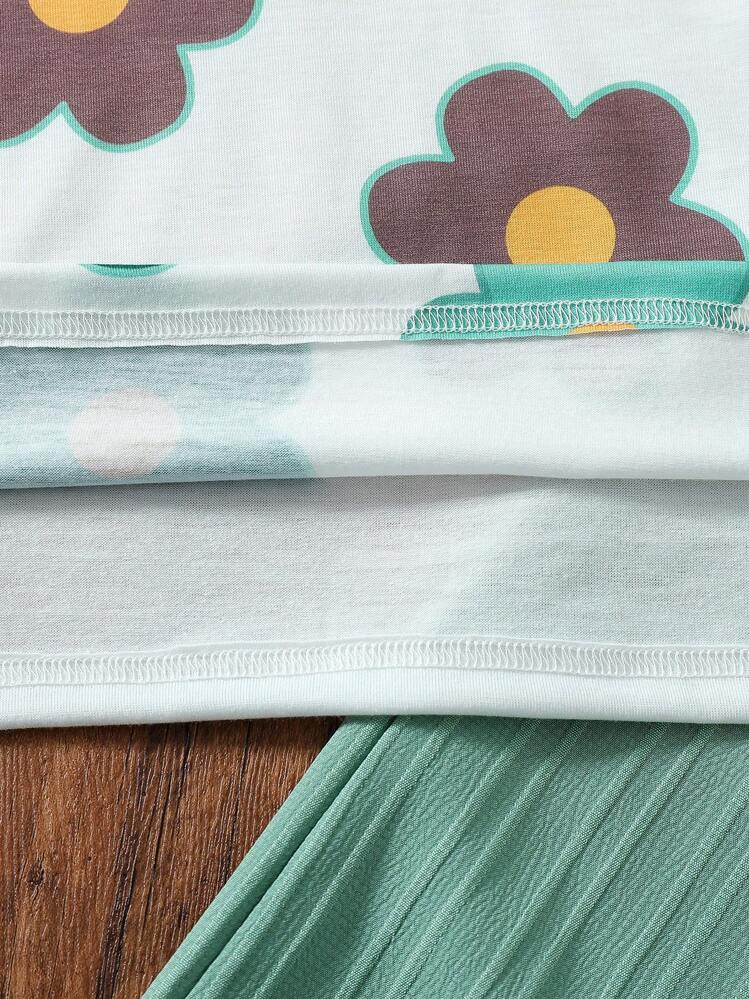 Shopesy Girls Floral Printed Crop Top with Mint Green Pleated Wide Leg Pants Co-Ord Set