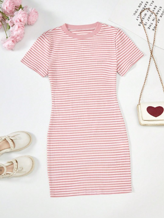 Shopesy Girls Pink & White Striped Ribbed Bodycon Dress