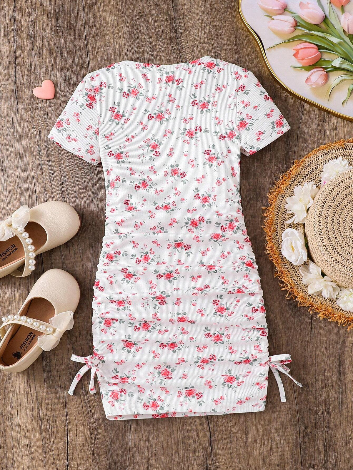 Shopesy Girls White Floral Printed Ruched Bodycon Dress