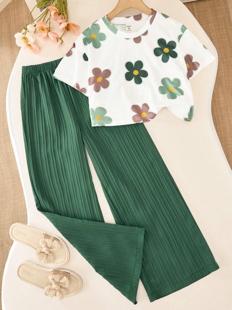 Shopesy Girls Floral Printed Crop Top with Pleated Wide Leg Pants Co-Ord Set