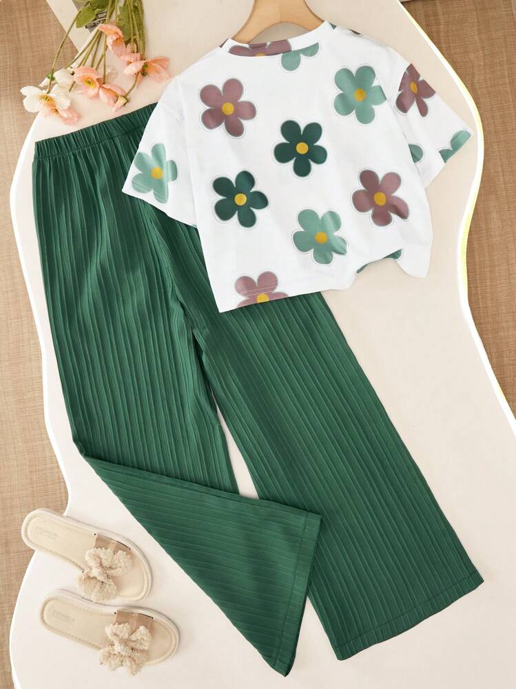 Shopesy Girls Floral Printed Crop Top with Green Pleated Wide Leg Pants Co-Ord Set