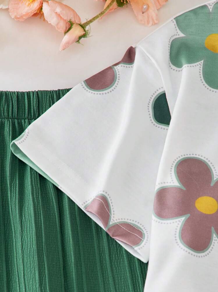Shopesy Girls Floral Printed Crop Top with Green Pleated Wide Leg Pants Co-Ord Set