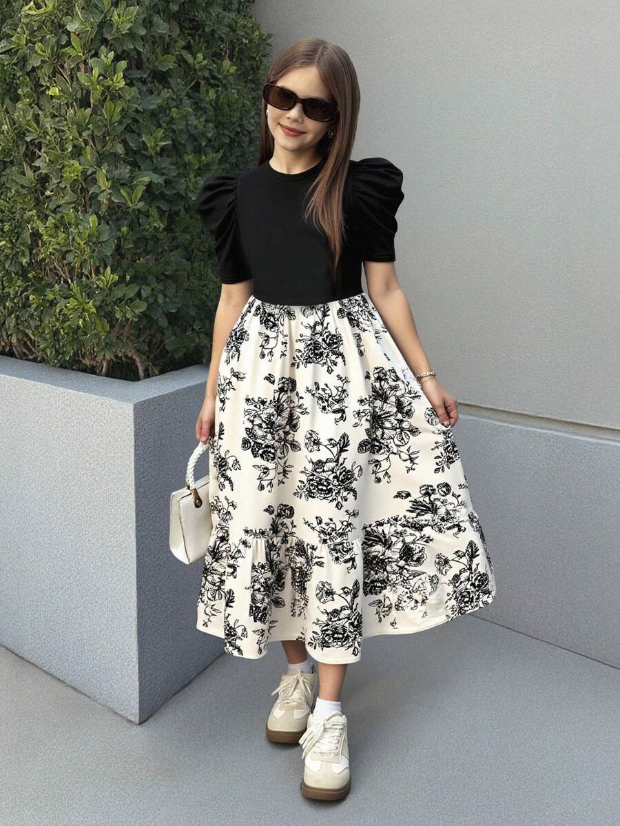 Shopesy Girls Black Puff Sleeve Top with White Floral Print Midi Dress