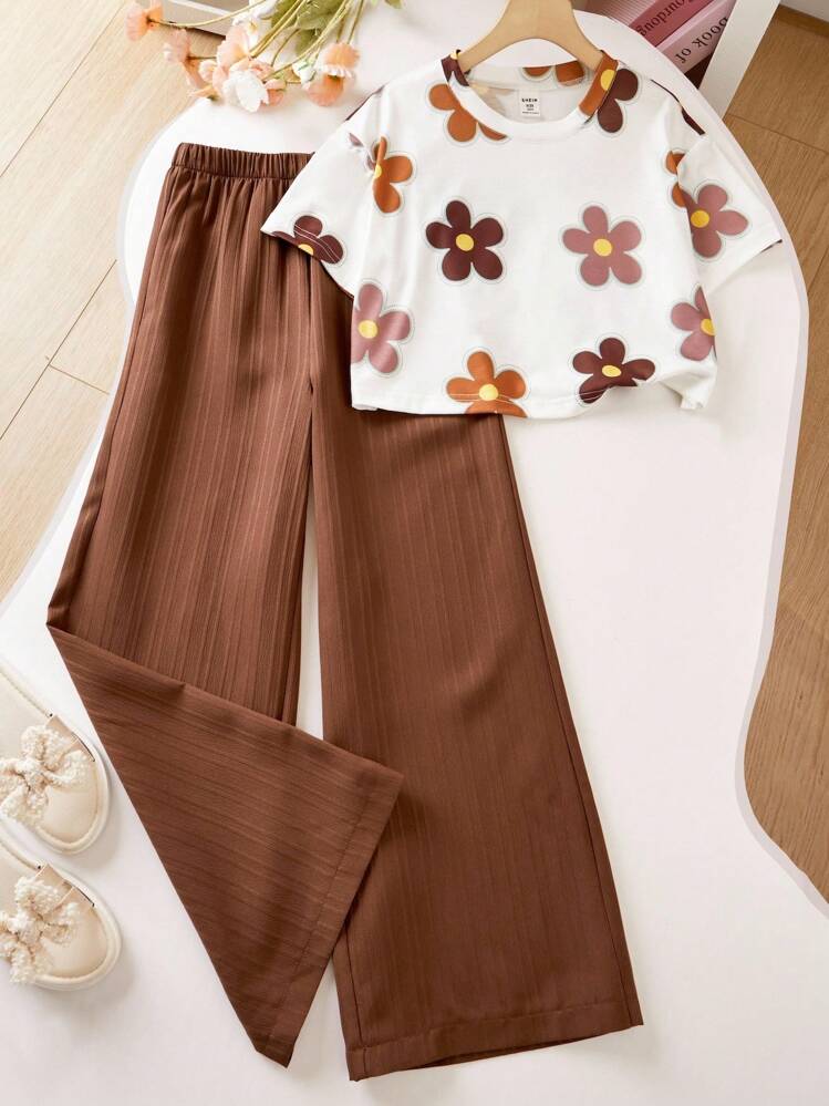 Shopesy Girls Floral Printed Crop Top with Coffee Pleated Wide Leg Pants Co-Ord Set