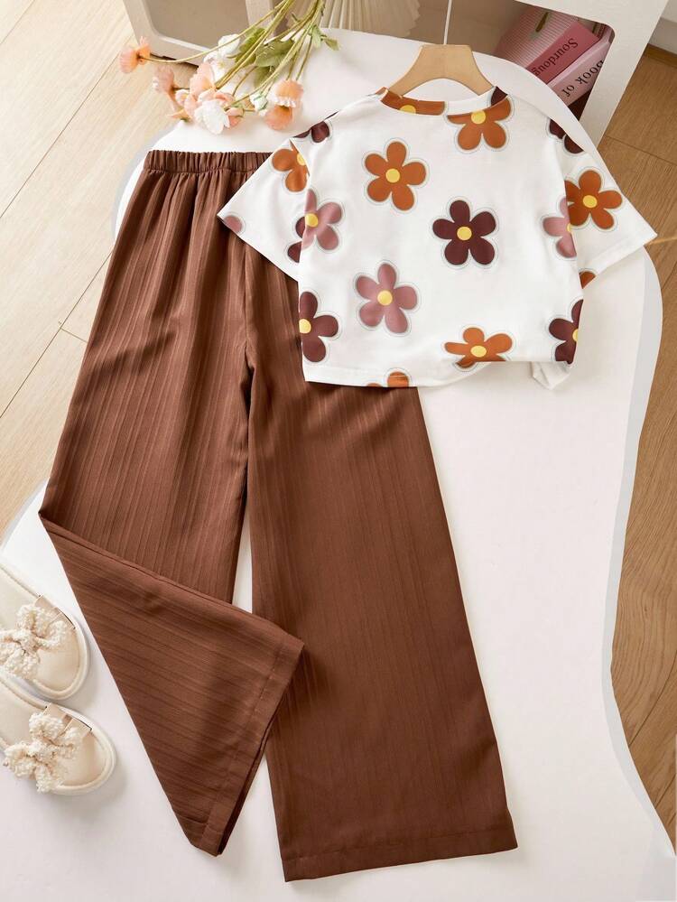Shopesy Girls Floral Printed Crop Top with Coffee Pleated Wide Leg Pants Co-Ord Set