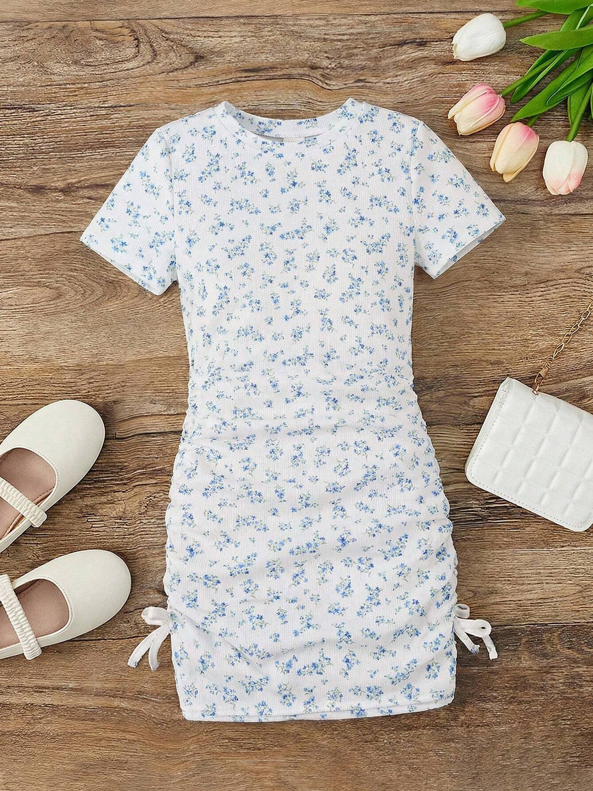 Shopesy Blue Floral Ruched Girls Bodycon Dress