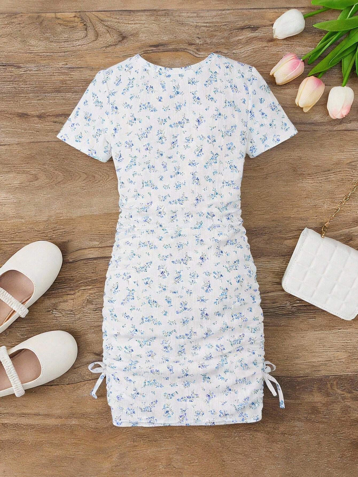 Shopesy Blue Floral Ruched Girls Bodycon Dress