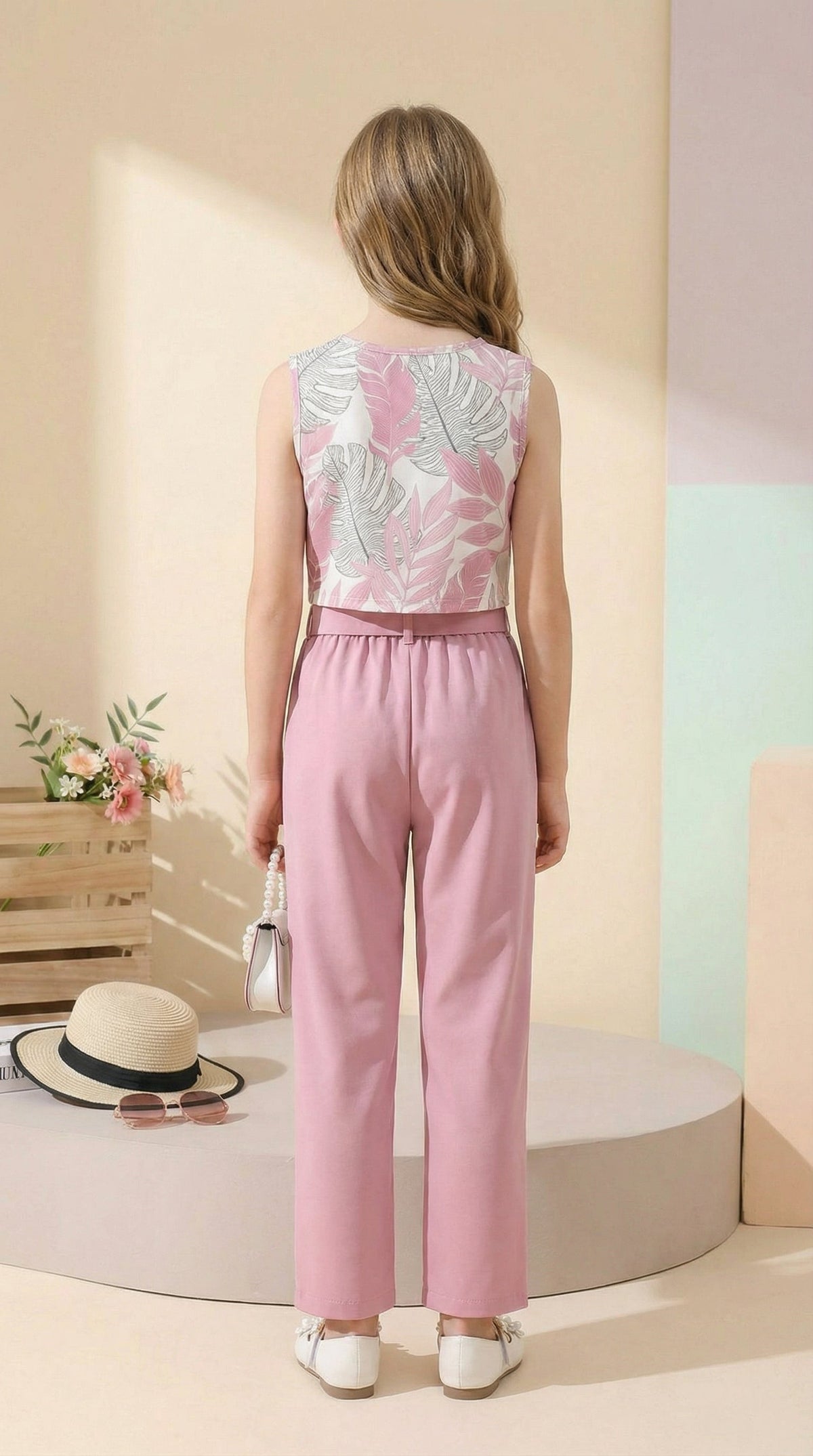 Shopesy Girls Pink Floral Crop Top & Wide Leg Palazzo Pants Set with Bow