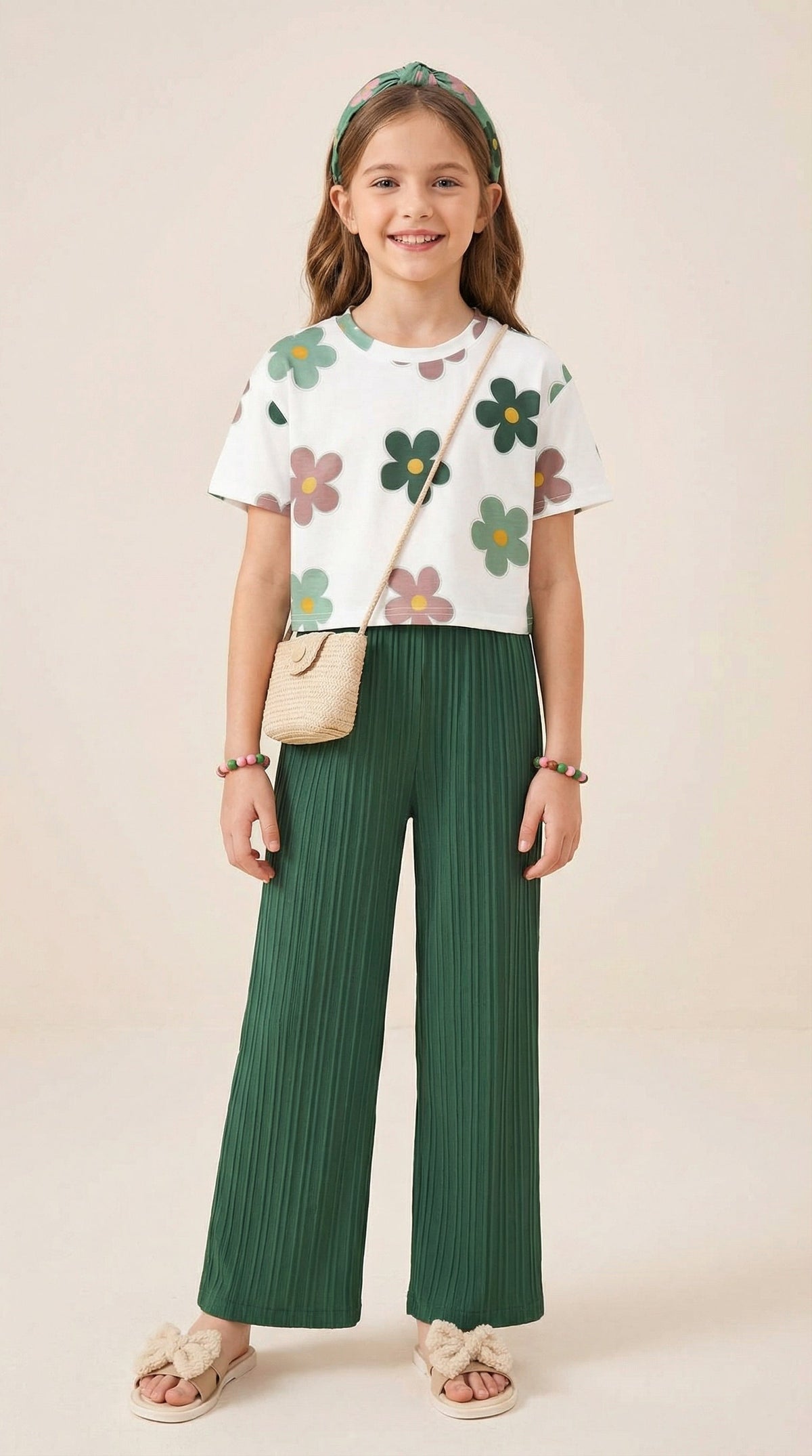 Shopesy Girls Floral Printed Top with Green Wide Leg Palazzo Pants Set