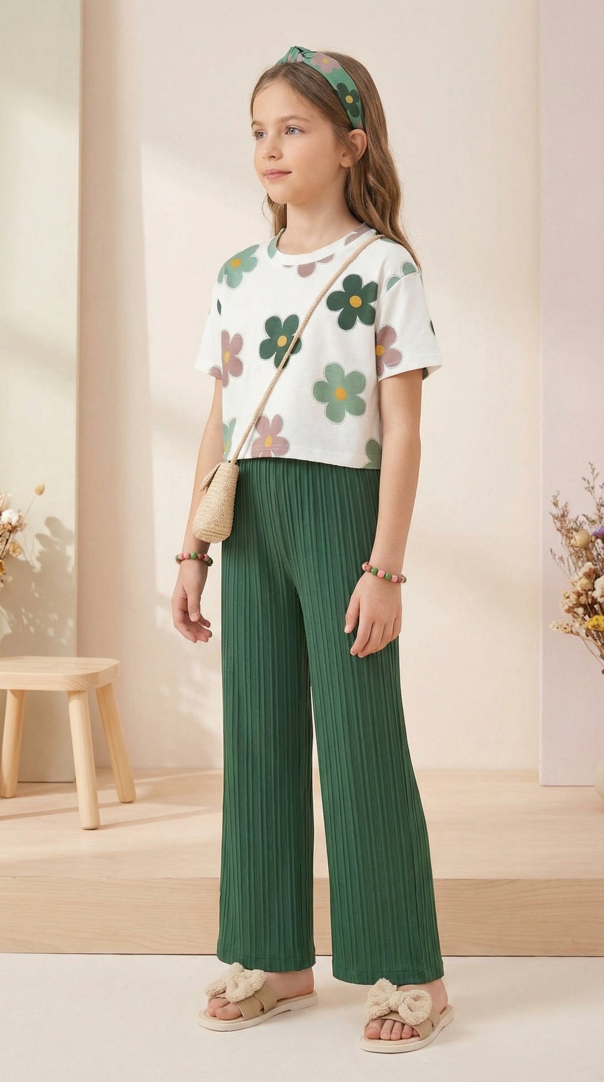 Shopesy Girls Floral Printed Top with Green Wide Leg Palazzo Pants Set