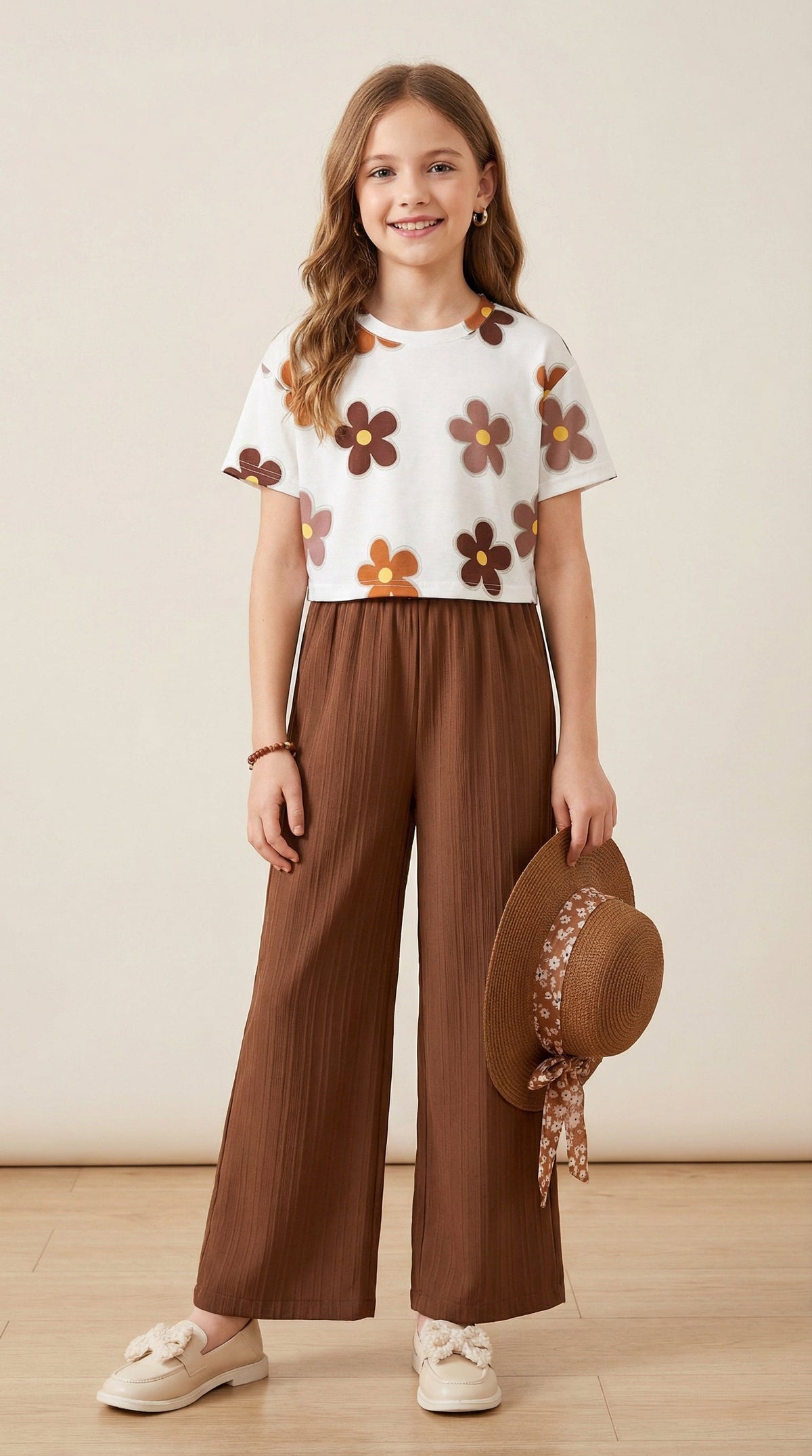Shopesy Girls Floral Printed Top with Brown Palazzo Pants Co-Ord Set for Kids
