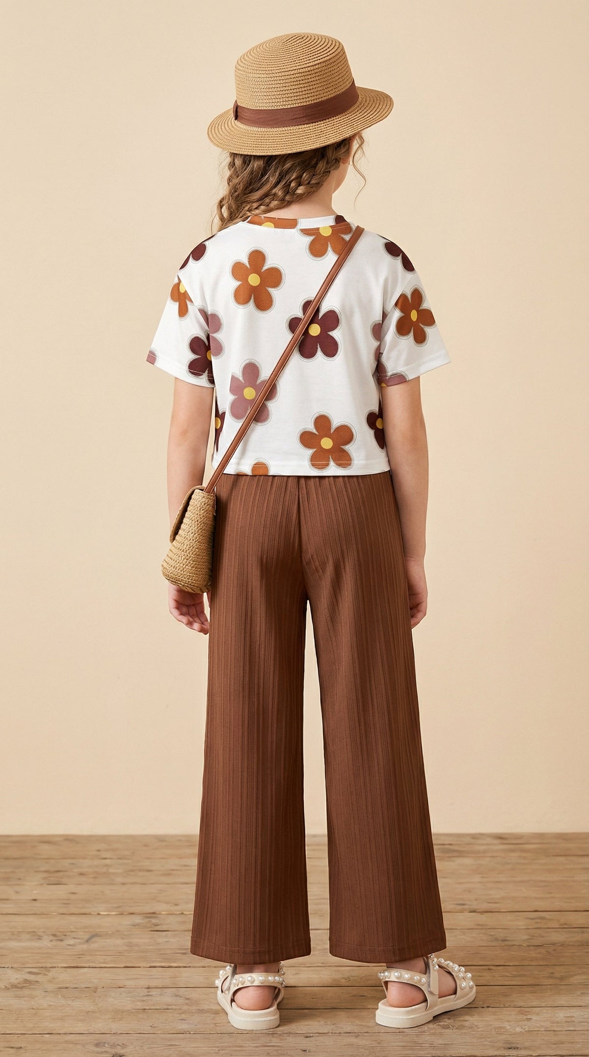 Shopesy Girls Floral Printed Top with Brown Palazzo Pants Co-Ord Set for Kids