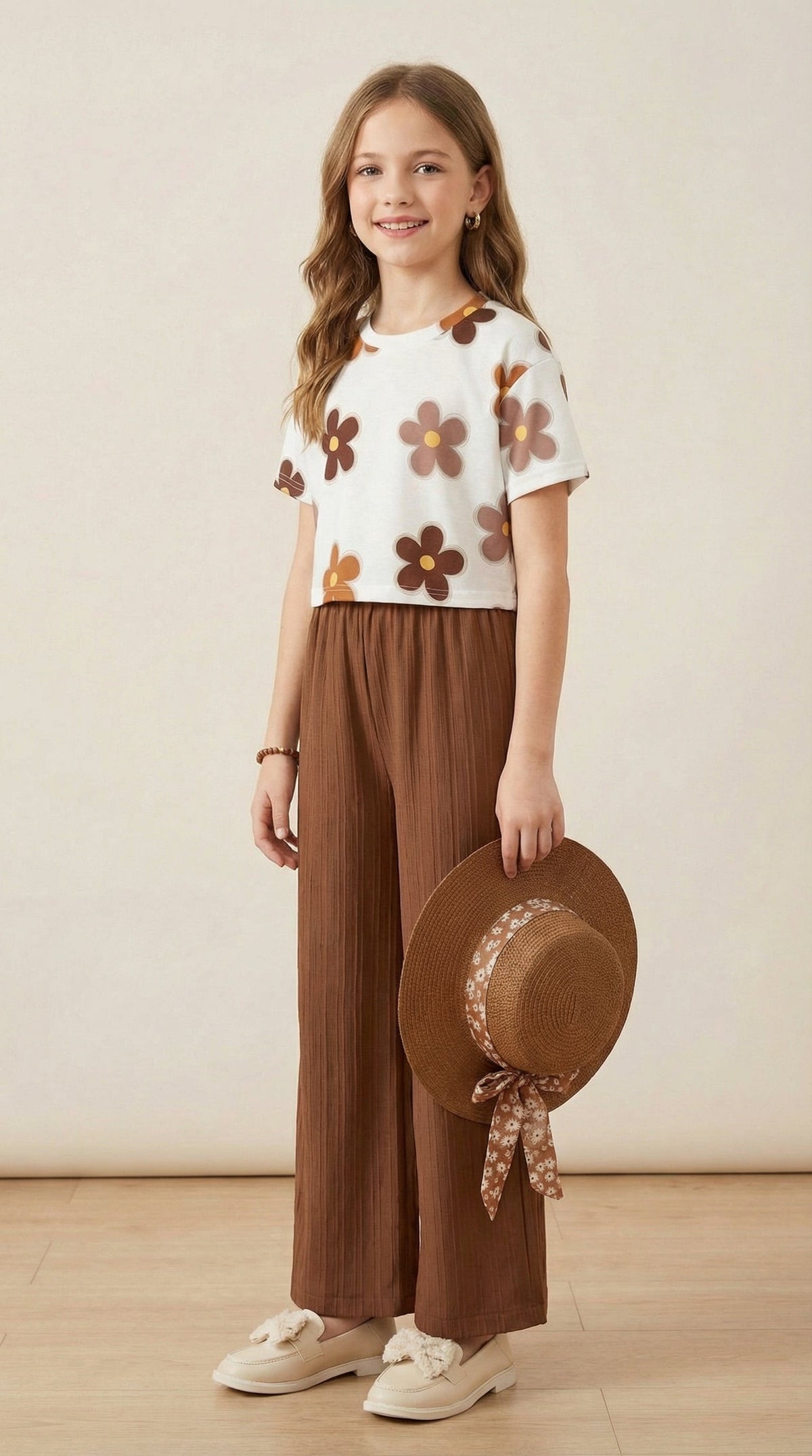 Shopesy Girls Floral Printed Top with Brown Palazzo Pants Co-Ord Set for Kids