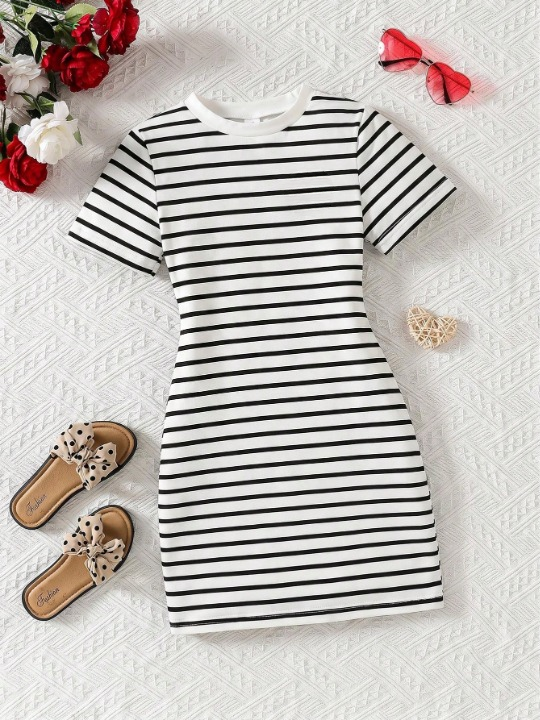 Shopesy Girls Black & White Striped Bodycon Dress